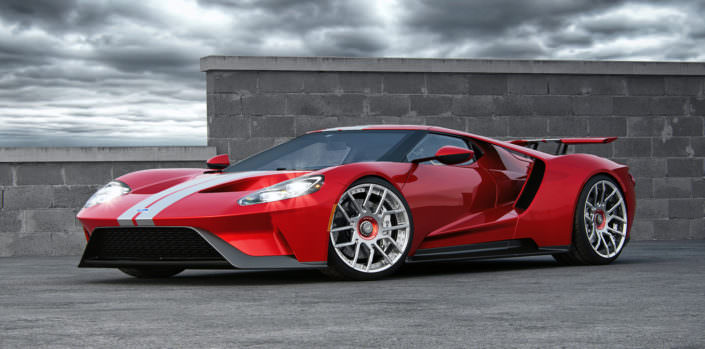 fornt sied view red Ford GT 2017 with FORK wheels