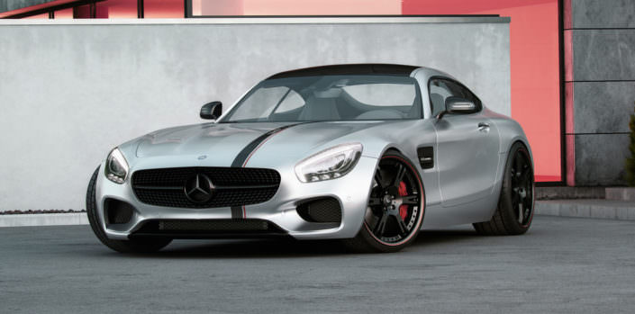 front view silver mercedes amg gt with 9,5+11,5x21 inch 6SPorz² tuning wheels