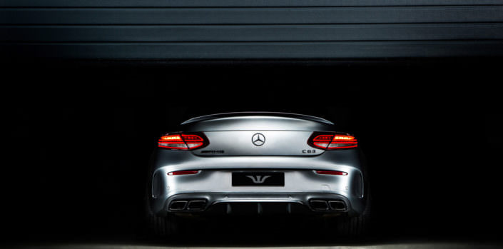 rear view of tuned c63amg with exhaust