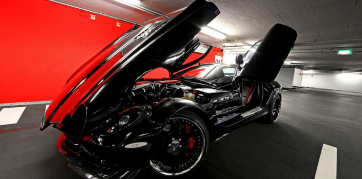 tuning of mc laren mercedes slr by wheelsandmore shown in a garage